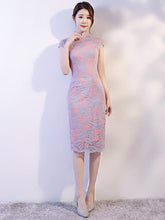 Pink Lace See-through Split-side Short Cheongsam